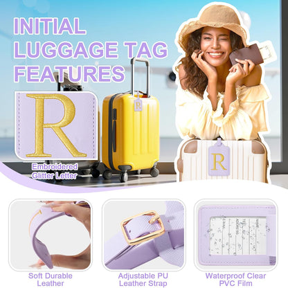 Personalized Initial Luggage Tags for Suitcase, Purple Leather Cute Luggage Tags with Privacy Cover Name Card, Embroidered Custom Monogrammed Luggage Tag Travel Backpack Tags Gifts for Women Kids(R)