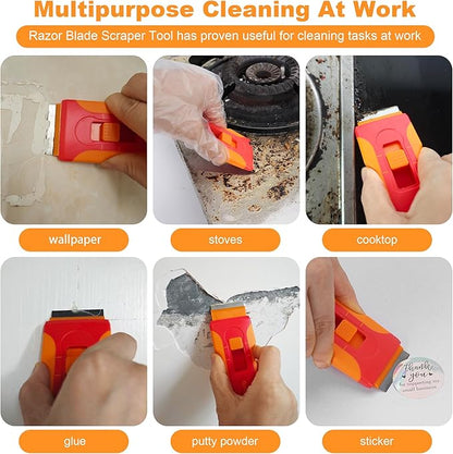 Upgraded Razor Blade Scraper with 10pcs Blades and 3Pcs small wire brushes,Scraper Tool for Cleaning Glass Window, Cooktop, Oven, Stove Scraper, Razor Scraper with Buit-In Blade Storage, Orange