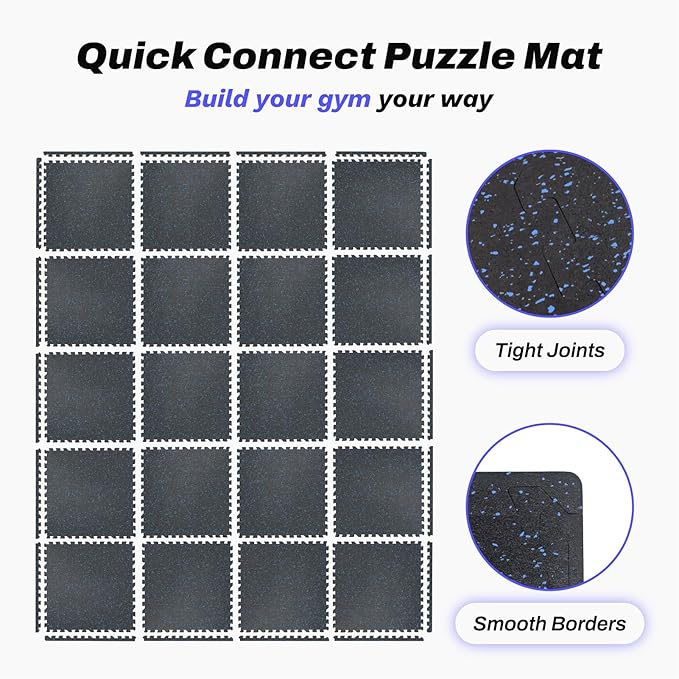 AIRHOP 0.56in Thick 96 Sq Ft Exercise Equipment Mats, 24Tiles Upgraded Rubber Top with High Density EVA Foam, Large Interlocking Puzzle Gym Flooring for Home Gym, Heavy Weight Workout, Black & Blue