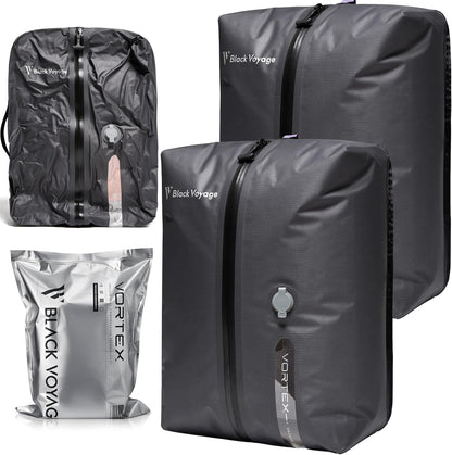 Black Voyage Reusable Vacuum Compression Travel Bag for Carry-On Suitcase and Backpack, Recycled IP67 Waterproof Space Saver Vacpack (2-Pack, 18L - No Pump)