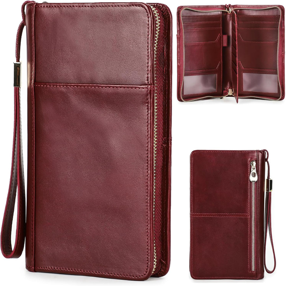 Top Grain Leather Travel Passport Wallet Holder for Man & Woman, Handmade with Three-Layer for 4 Passports & Multi Cards, RFID Blocking Large Capacity for Cards/Passports/Tickets, Burgundy