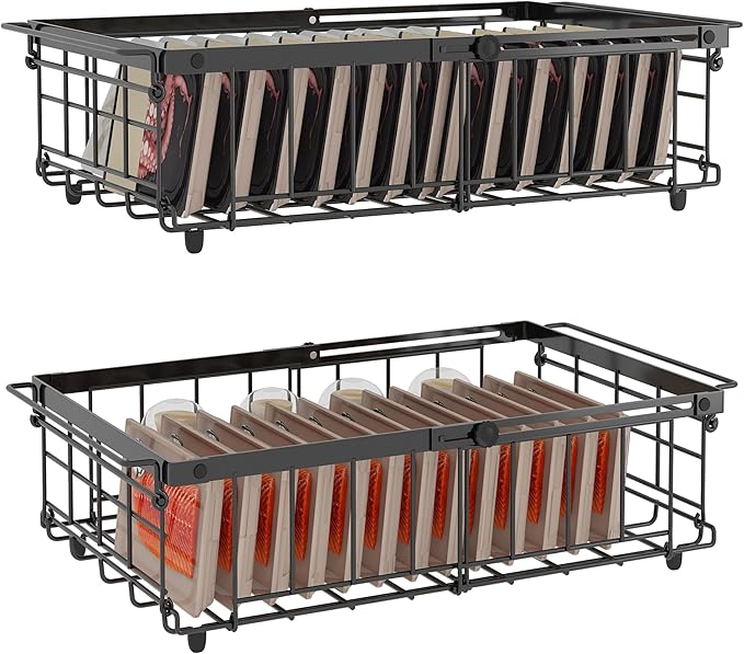 UMDONX Freezer Organizer Bins – Expandable from 11.2" to 17.7", Fit 5–10 Cu.Ft Chest Freezer, Hanging Storage Baskets for Deep Freezer, Easy Slide Access, 2 Pack (Black)