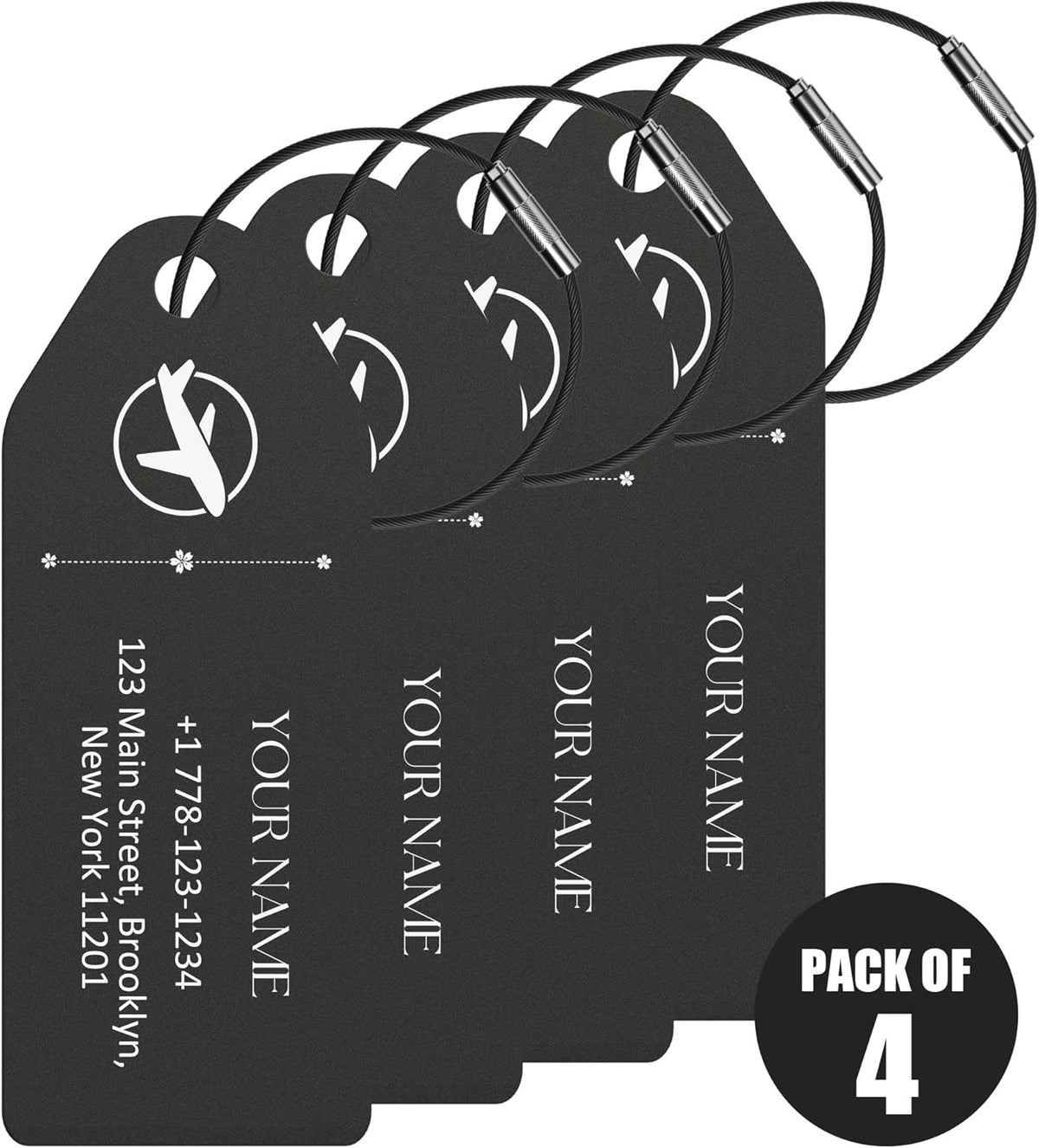 4 PCS Personalized Metal Luggage Tag – Personalized Engraved Suitcase Tag, Backpack Tag, with Matching Color Strap, Waterproof Suitcase Name Badge – Ideal Corporate Gift & Travel Accessory (Black)