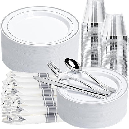 350PCS Silver Plastic Plates Dinnerware Set, Thanksgiving Disposable Plates, 50 Dinner and 50 Dessert Plates, 50 Pre Rolled Napkins with Silverware and 50 Cups for Party and Wedding