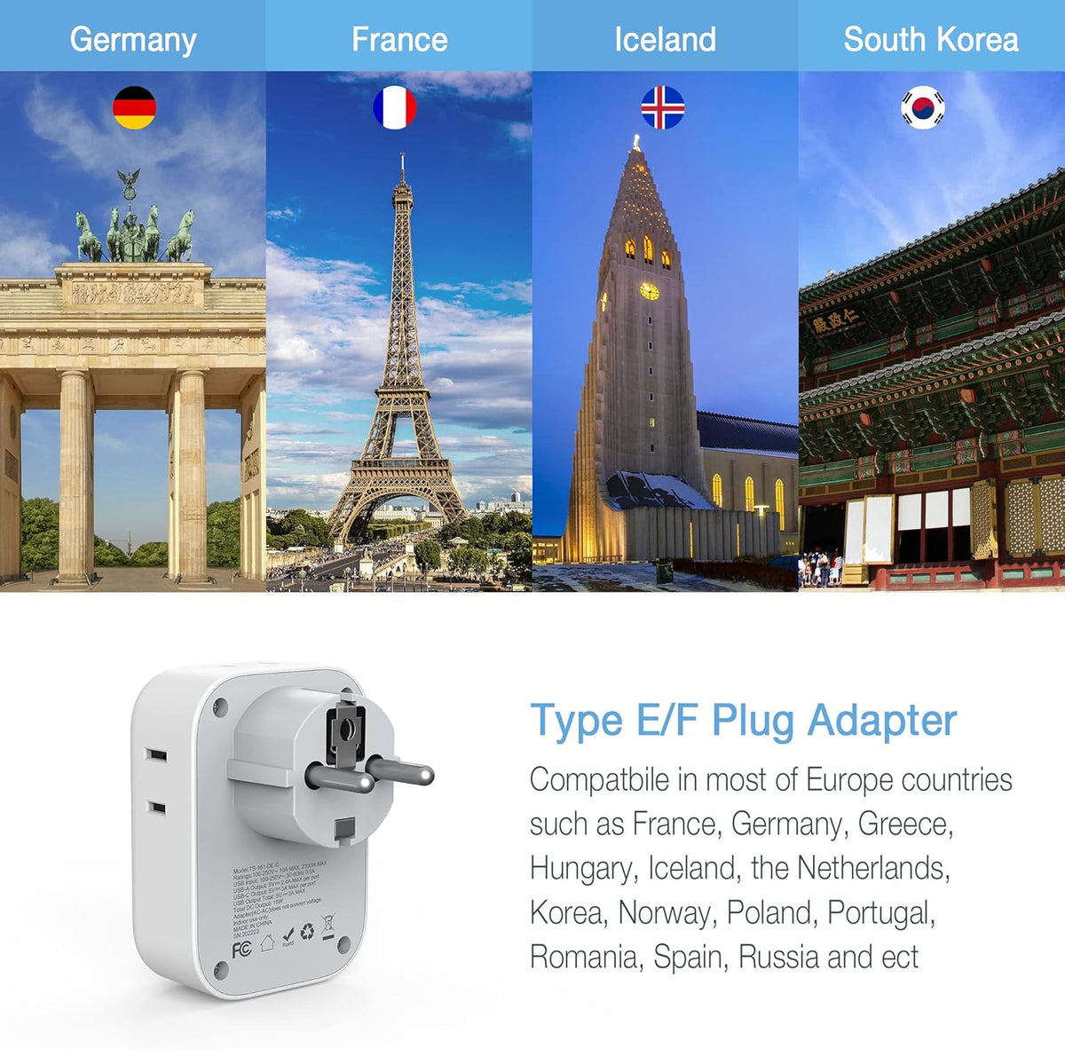 TESSAN 2 Pack Type E F Plug Adapter USB C, Germany France Power Adaptor with 3 USB Charger Ports, 4 AC Outlets Travel Plug for US to Europe EU Spain Iceland Korea Greece Russia German French