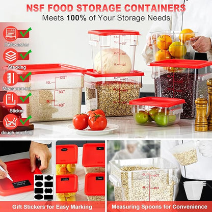 4QT NSF Food Storage Containers with Lids: 4 PCS [Total Food Grade][Hot&Cold Resistant] Commercial Clear Food Storage Containers for Restaurant Kitchen Proof Dough, Measuring Spoons Included(Red)