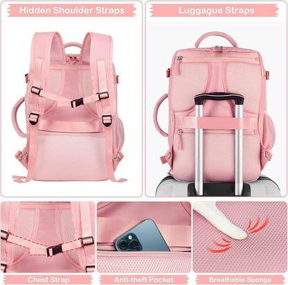 Hanples Carry on Travel Backpack for Women, Large 35L Personal Item Luggage Backpack,17 inch Laptop Backpack TSA Flight Approved, Travel Essentials Casual Daypack with 2 Toiletry Bags (Pink)