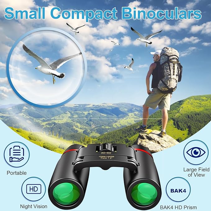 PISEZ 30X60 Compact Binoculars for Adults and Kids，Lightweight Foldable Easy Focus Small Binoculars for Bird Watching Hunting Concert Traveling Theater Opera Sightseeing