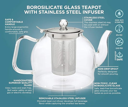 Teabloom Dublin Glass Teapot – Premium Borosilicate Glass with Removable Stainless Infuser – Stovetop Safe – Ideal for Loose Leaf Tea – Tea for Two – 27 oz. / 800 ml (2-3 Cups)