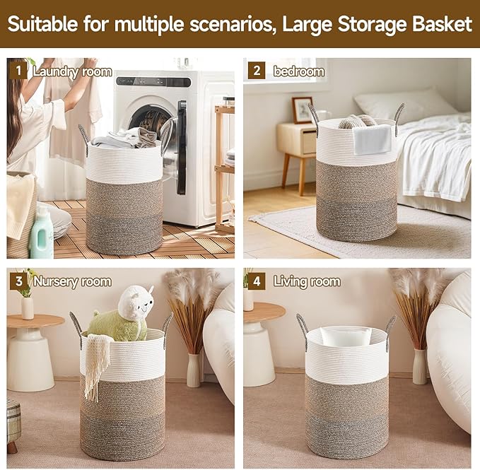CLHMILY&Z 80L Laundry Basket Round Storage Rope Basket - 16.5x22.5 Inches - Laundry Hamper in Bedreoom and Mutil Storage Bin for Blankets, Toys, and Nursery Essentials