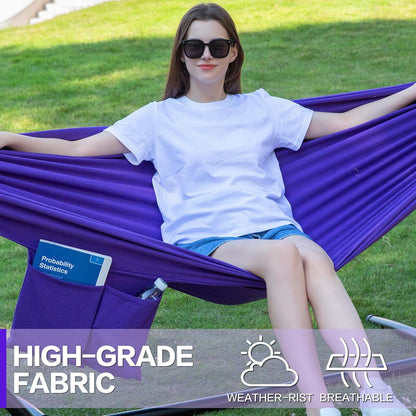 PNAEUT Double Hammocks with Stand for Outside, Portable Space Saving Heavy-Duty Steel Stand for Indoor Outdoor Patio with Carrying Bag, 450 lbs Capacity (Purple)