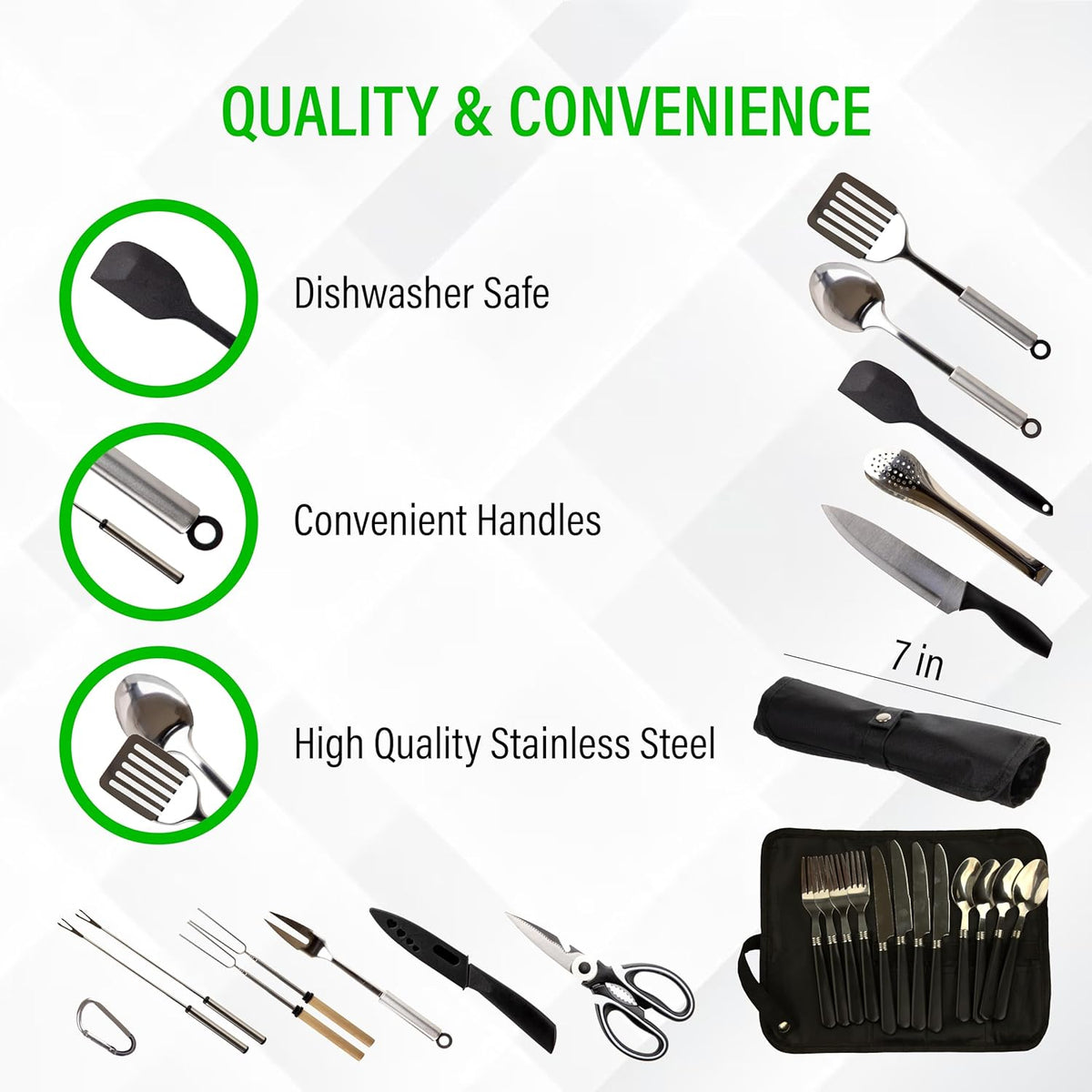 30 Pcs Camp Cooking Utensil Set & Outdoor Kitchen Gear Cookware Kit, Portable Compact Carry Case for Camping, Hiking, Travel, BBQ Grilling Stainless Steel Accessories Spoon & Fork, Navy