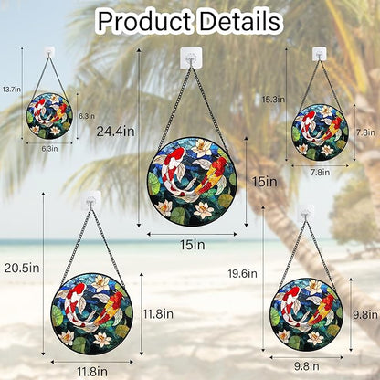 Stained Glass Window Hanging, Koi and Lotus Sun Catcher for Door Home Decor Fish Suncatcher Christmas Mother's Day Birthday Gifts for Women Men Mom and Nana 15 in