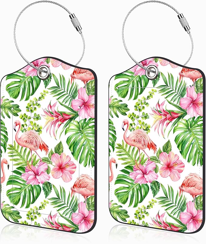 2 Pcs Pink Flamingo Luggage Tags for Suitcases Tropical Flowers and Palm Leaves PU Leather Baggage Tags Name ID Label with Privacy Cover and Stainless Steel Loop for Men Women Travel Bag Suitcase