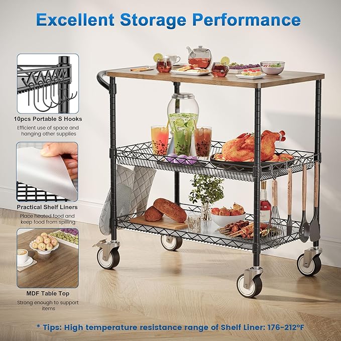 Leteuke Rolling Kitchen Carts with Wheels, 34" L x 17.5" W, 3-Tier Heavy Duty Utility Cart with Wood Tabletop, NSF Commercial Metal Serving Cart with Handle and Shelf Liner for Kitchen, Black