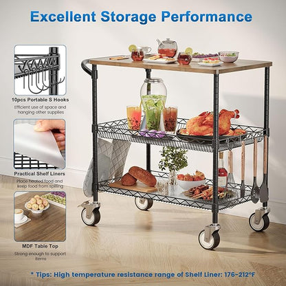 Leteuke Rolling Kitchen Carts with Wheels, 34" L x 17.5" W, 3-Tier Heavy Duty Utility Cart with Wood Tabletop, NSF Commercial Metal Serving Cart with Handle and Shelf Liner for Kitchen, Black