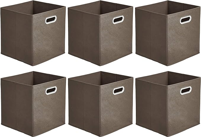 Amazon Basics Collapsible Cube Storage Organizer Bins, 6-Pack, 10.5 x 10.5 x 11 inches, Taupe