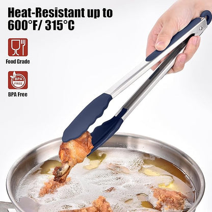 Doosu Kitchen Tongs for Cooking - 600°F Heat Resistant Food Tong with Non-Scratch Silicone Tips, Heavy Duty Stainless Steel Locking Tong for BBQ, Grilling Steak, Serving Salad Pasta (12in, Navy Blue)