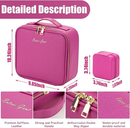 Makeup Travel Train Case with Mirror LED Light 3 Adjustable Brightness Large Cosmetic Bag Portable Storage Adjustable Partition Waterproof Makeup Brushes Make up Jewelry Gift for Women