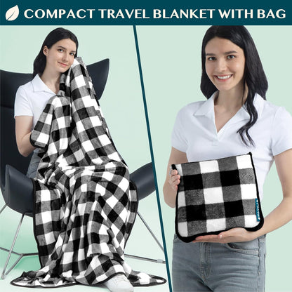PAVILIA Travel Blanket Pillow, Soft Airplane Blanket 2-in-1 Combo Set, Plane Blanket Compact Packable, Flight Essentials Car Pillow, Travelers Gifts Accessories, Backpack Strap, 60x43 Checker White