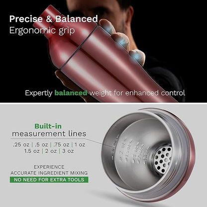 The Mixologer Cocktail Shaker & Tumbler | 19 oz Stainless Steel Drink Mixer with Built-in Measurements, Leak-Proof Design & Vacuum Insulation | Ideal to Mix Whiskey, Cocktails & More | Rose Gold