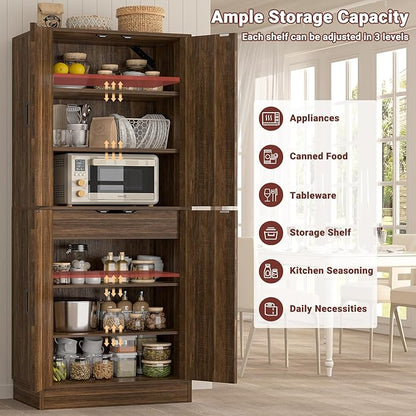 Unikito 71" Farmhouse Kitchen Pantry Storage Cabinet with Barn Doors, Adjustable Shelves & Drawer Organizer, Versatile Tall Storage Cupboard for Dining Room, Bathroom, Utility Room, Weathered Brown