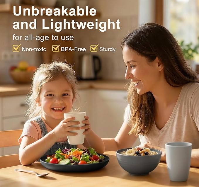 40 Piece Plates and Bowls Sets for 8, Unbreakable Wheat Straw Dinnerware Sets