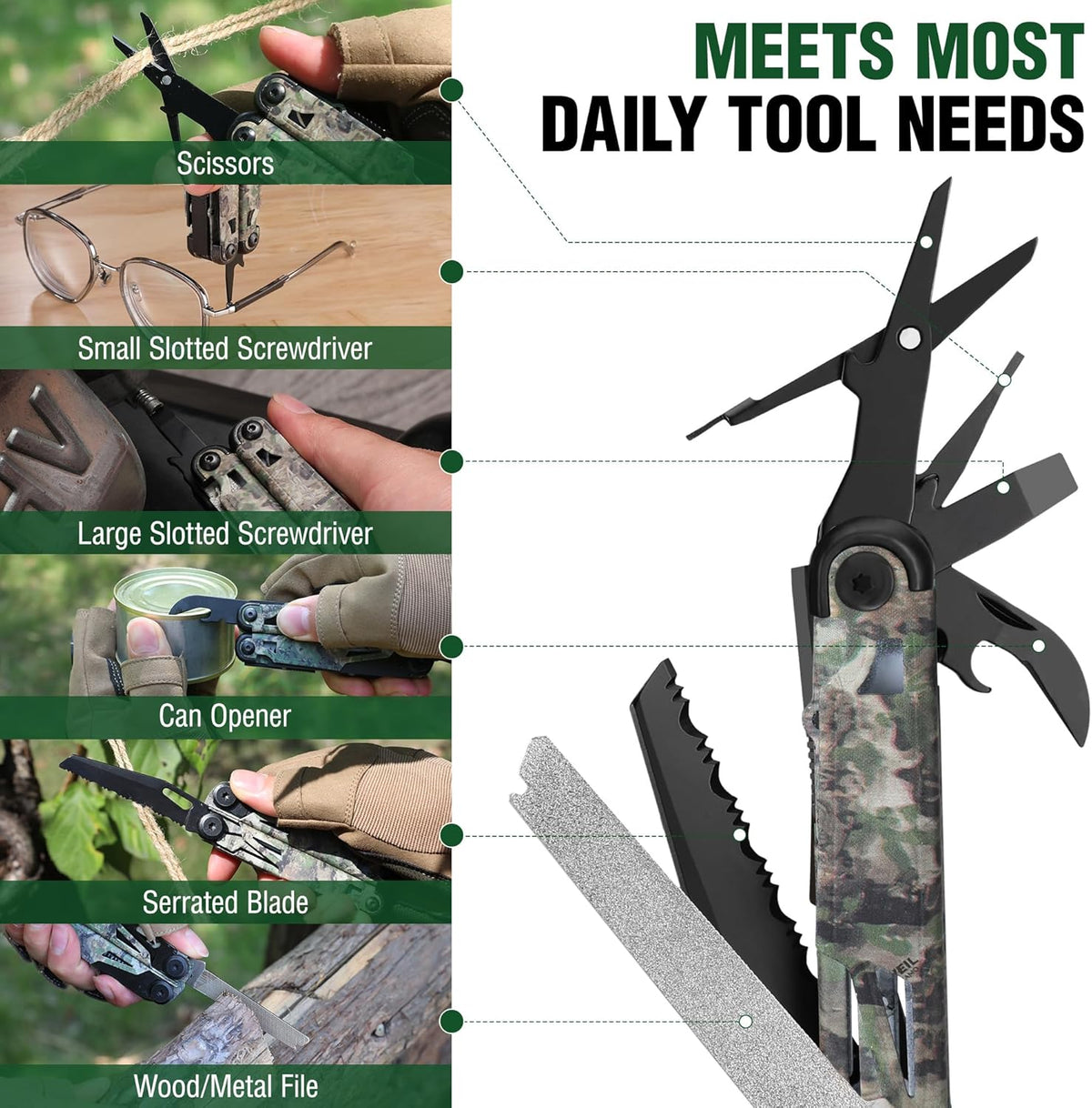 FLISSA Multitool, 15-in-1 Multi Tool Pocket Knife with Sheath, Stainless Steel EDC Multitool Pliers for Men, Camo All-in-One Tools for Camping, Fishing, Survival