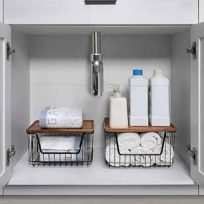 SunnyPoint Set of 2 Kitchen, Laundry & Pantry Storage Organizers – Stackable Bins with Acacia Wood Top, Large Trash Bag Holder & Standard Garbage Bag Dispenser (Acacia, BLK)