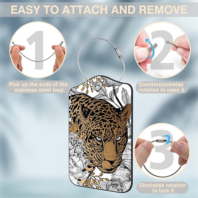 Leopard and Peony Flower Set of 2 Luggage Tags for Suitcases Leather Suitcase Tags Identifiers with Privacy Name Address Label and Stainless Steel Loop for Women Men Travel Luggage Accessories