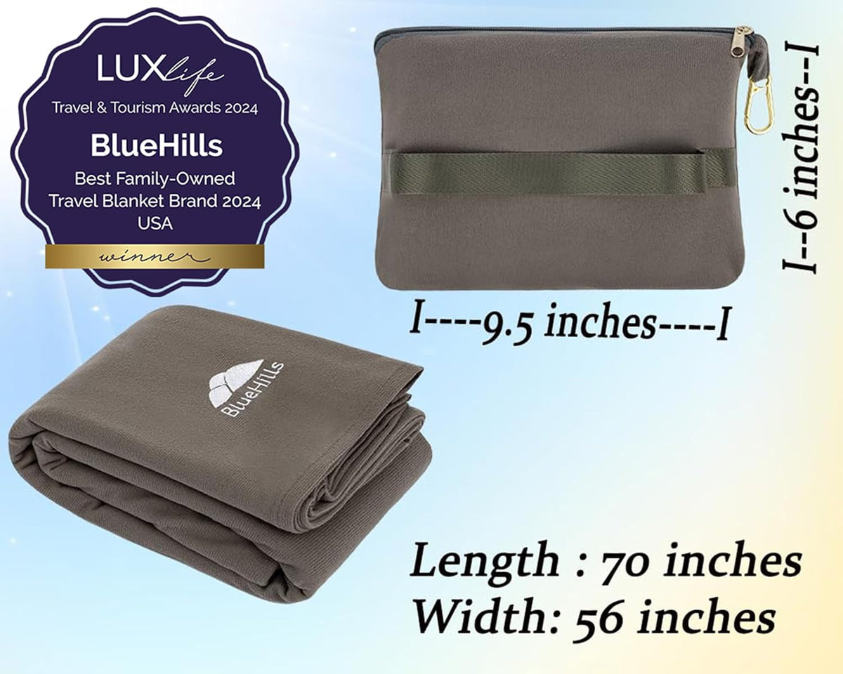BlueHills Travel Blanket Pillow Compact Lightweight Pocket Size Airplane Traveling Essential Flight Trip Throw in Bag Portable Case Plane Accessory Gray L01
