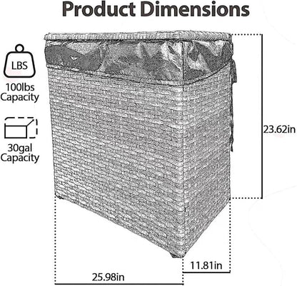 Laundry Hamper Wicker With Lid and Wheels, Collapsible Rattan Clothes Hamper 29 Gal (110 L) Removable Linerdouble Laundry Basket Handwoven for Clothes Storage in Bedroom(Brown)