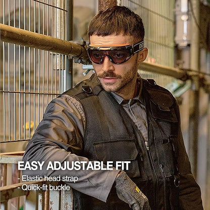 DEX FIT Protective Safety Goggles SG220; Anti Fog & Scratch, Z87 Eye Protection for Work, Adjustable for Women and Men, (Black & Orange Frame, Tinted Lens, 19cm Strap)