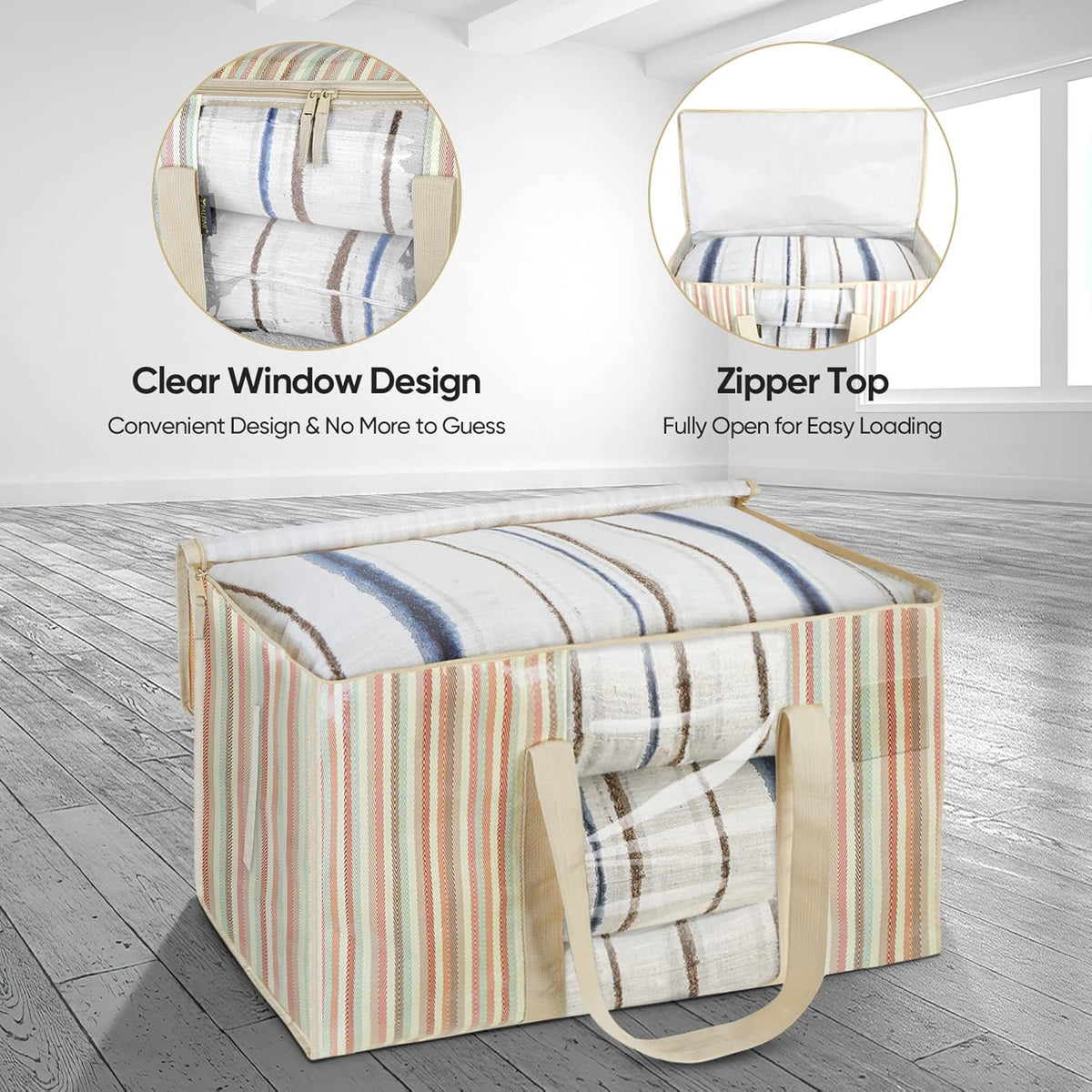 BALEINE 2-Pack Oversized Moving Bags with Reinforced Handles, Heavy-Duty Storage Tote for Clothes, Moving Supplies (Color Stripe with Window, 2-Pack)