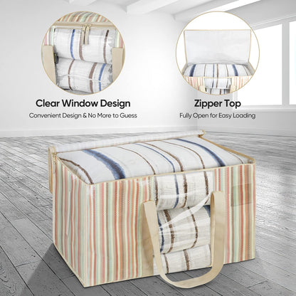 BALEINE 2-Pack Oversized Moving Bags with Reinforced Handles, Heavy-Duty Storage Tote for Clothes, Moving Supplies (Color Stripe with Window, 2-Pack)