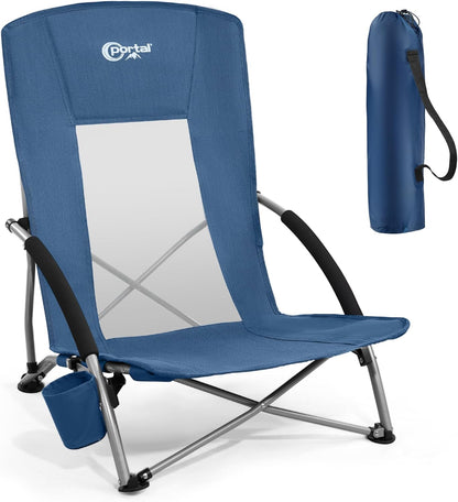 PORTAL Beach Chairs for Adults Camping Low Lightweight Portable Chair with Cup Holder Mesh Back Carry Bag for Outdoor Sand Lawn Travel Picnic Festival Concert, 350LBS