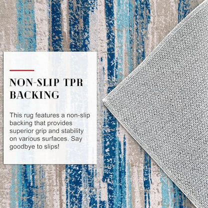 Modern Abstract Runner Rug 2x10, Blue Washable Long Kitchen Non-Slip Soft Hallway Thin Print Faux Wool Carpet for Entryway Bedroom Laundry Room Indoor Home Decor