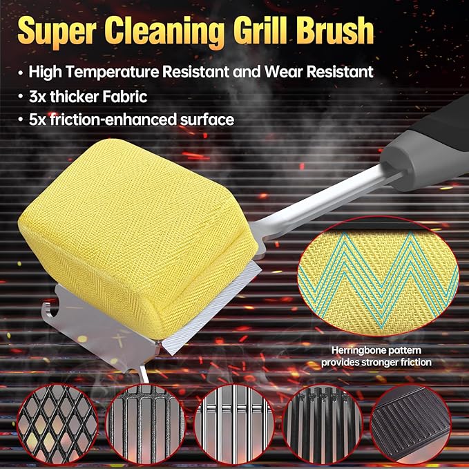 Grill Brush Bristle Free for Outdoor Grill, Steam Grill Cleaning Brush Replaceable BBQ Cleaner Brush Head,Extended Handle, Safe Grill Brush with Scraper for Cast Iron Stainless-Steel Grates,Black