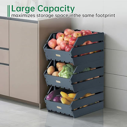 HABAU Wood Potato Onion Storage Bins - Wooden Stackable Produce Basket - Fruit Vegetable Storage for Kitchen Pantry Organization, Set 3 Pieces