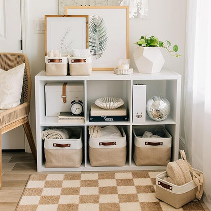 OrganiHaus Large Fabric Storage Baskets for Shelves 3 Pack, 15x11in Closet Storage Bins for Shelves, Cloth Baskets for Organizing, Linen Closet Organizers, Fabric Basket, Beige/White