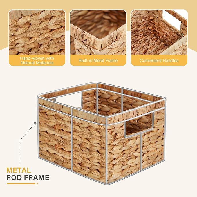 Water Hyacinth Wicker Basket, Decorative Woven Baskets with Built-in Handles, Hand-woven Storage Organizer for Organizing Pantry, Livingroom, Bedroom, Shelves, Toilet(2-PACK, Natural)