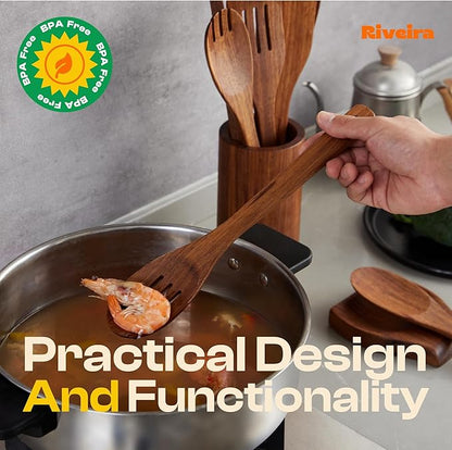 Riveira Teak Wooden Cooking Utensils Set of 9 Premium Quality Non-Toxic Wooden Spoons & Spatulas for Cooking, Stirring, Flipping & Serving