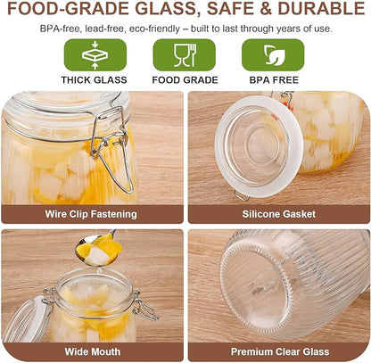 25oz Airtight Glass Jars with Lids, Set of 6 Food Storage Containers & Canisters, Clear Mason Jars with Clamp Seal for Canning, Cereal, Coffee, Pasta, Sugar, Beans & Spices