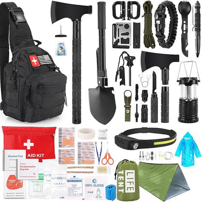 Survival Kit, 268 Pcs Emergency Survival Gear and Equipment Supplies with First Aid Kit, Camping Axe, Headlamp, Tent, Crossbody Bag for Camping Hiking, Hunting, Car, Gift for Christmas Men, Dads, Him