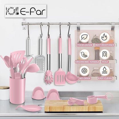 E-far Silicone Cooking Utensils Set, 30 Pcs Heat Resistant Kitchen Utensils with Stainless Steel Handle, Heat Resistant Kitchen Spatulas Turner Tong Spoon Whisk Ladle for Nonstick Cookware, Pink