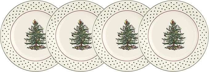 Spode Christmas Tree Polka Dot Dessert Plate (Set of 4) - Festive 8-Inch Stoneware Plates for Holiday Entertaining, Appetizers, Snacks - Microwave, Dishwasher, Freezer Safe Party Appetizer Dishes
