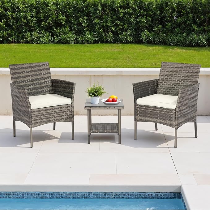 FDW | 3-Piece Patio Furniture Set | Gray & Khaki | Outdoor Wicker Furniture