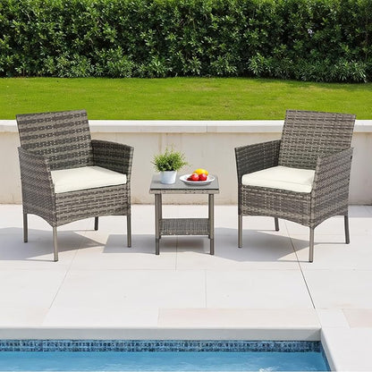 FDW | 3-Piece Patio Furniture Set | Gray & Khaki | Outdoor Wicker Furniture
