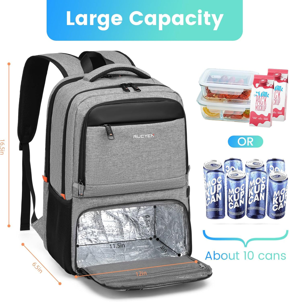 Lunch Backpack, Insulated Cooler Backpack Lunch Box for Men Women, 15.6 Inches RFID Blocking Laptop Backpack with USB Port for Work Travel Picnics Hiking Grey