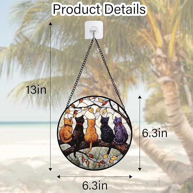 Stained Glass Window Hanging - 5 Cats on a Branch Suncatcher for Window Doors Home Decoration and Christmas, Mother's Day Father's Day Birthday Gifts for Women, Men, and Mom 6.3x6.3 in